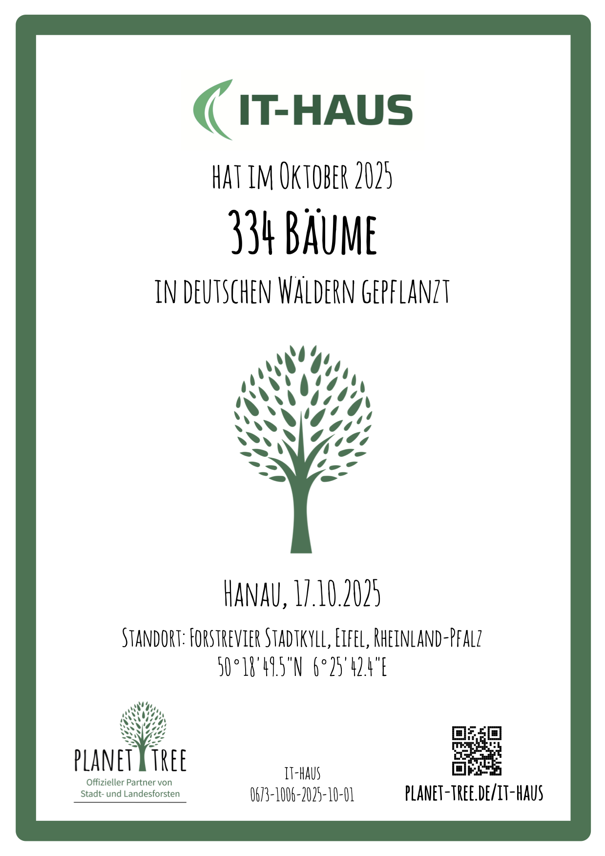 Zertifikat Planet Tree 2025 Urkunde Planet Tree